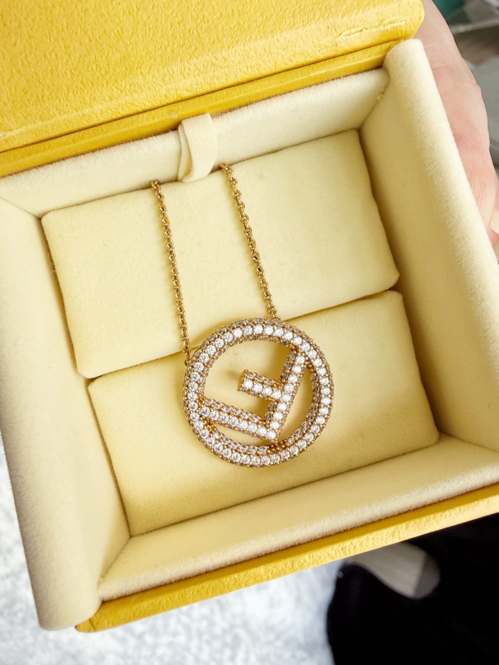 F Is Fendi Gold Tone Pavé Pendant Necklace